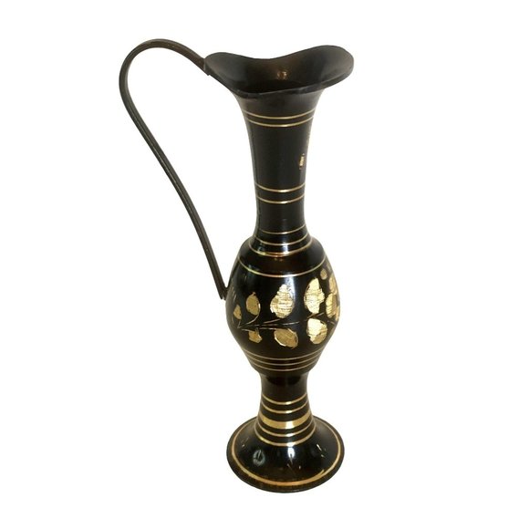Vintage Brass Pitcher Black Enamel Etched Gold Floral Vase Candle Holder 7" - Picture 1 of 7